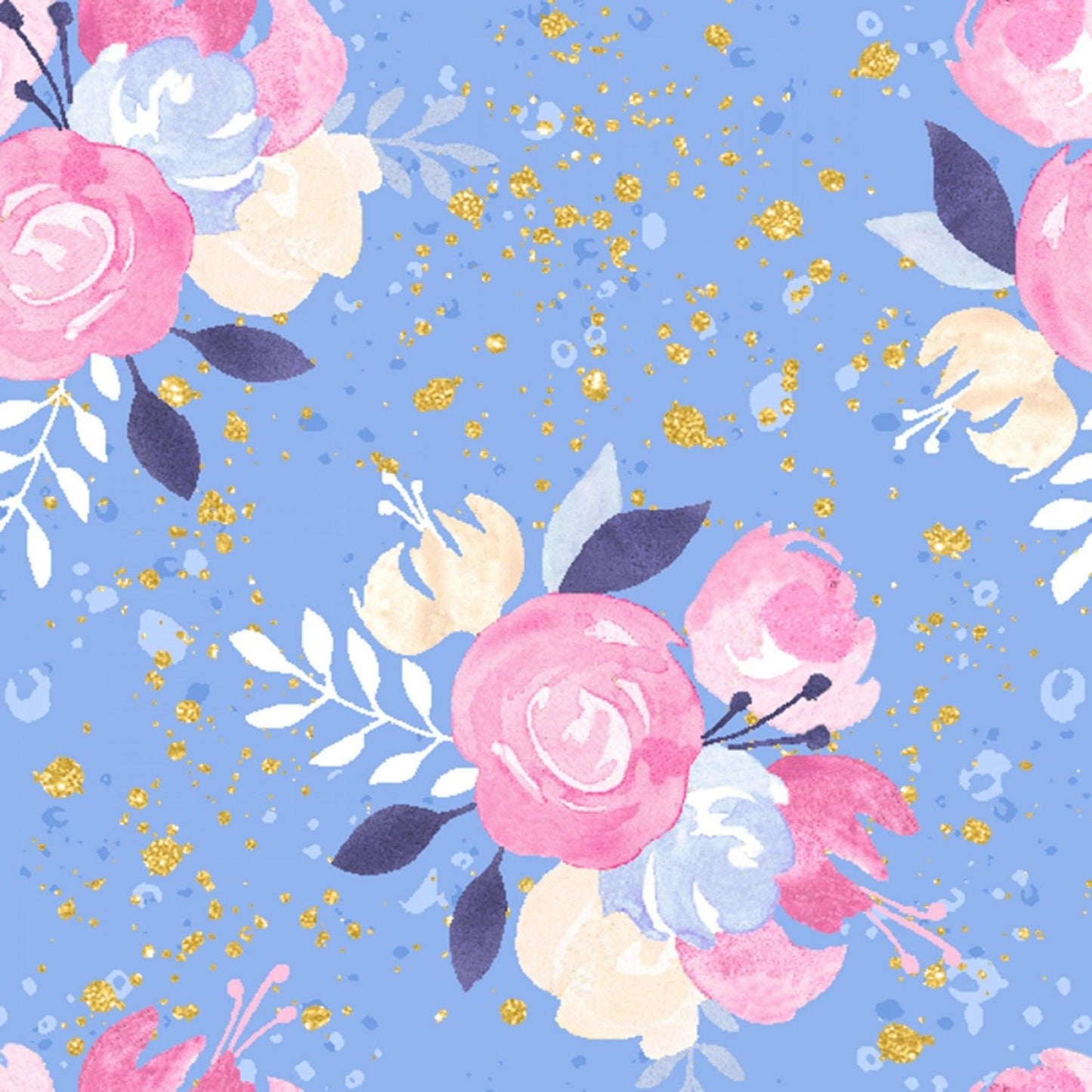 Unicorn Utopia with Glitter Flowers on Blue 16571-BLU Cotton Woven Fabric