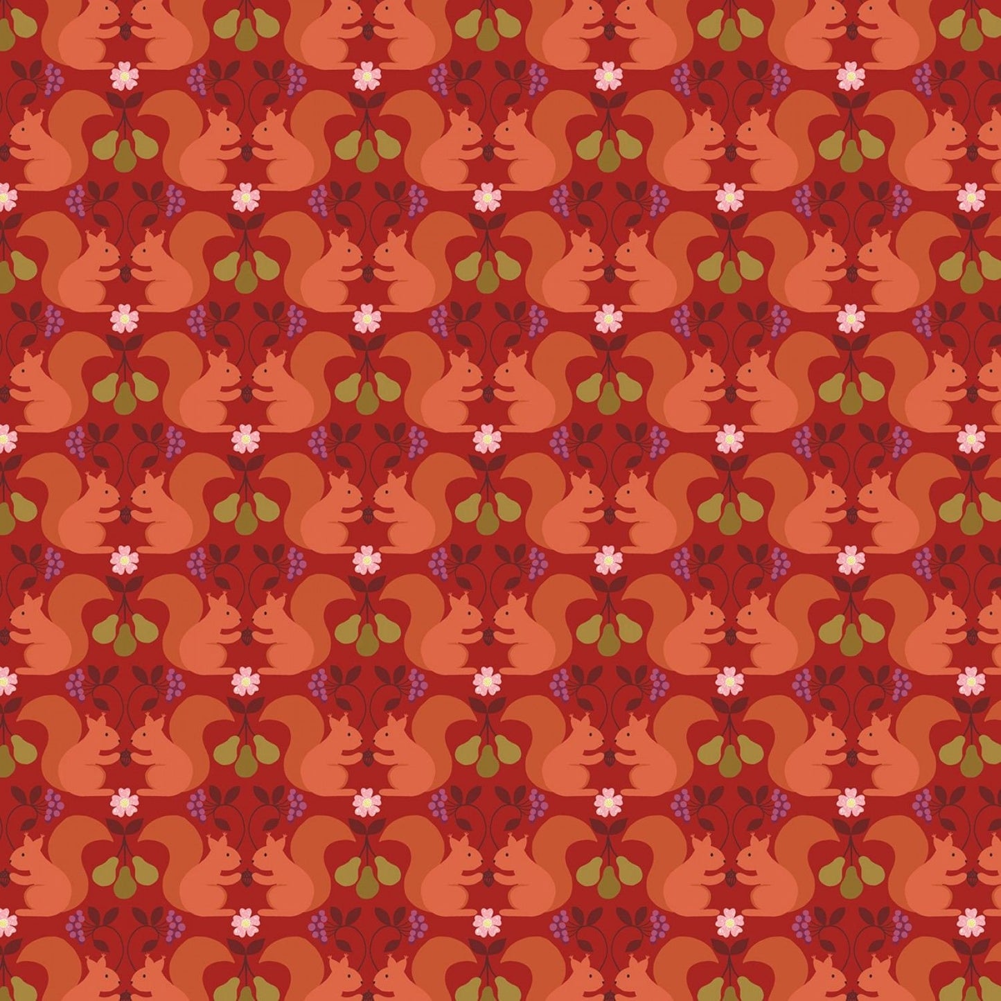 The Orchard Red Squirrels on Red A499.2 Cotton Woven Fabric