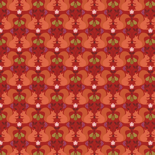 The Orchard Red Squirrels on Red A499.2 Cotton Woven Fabric