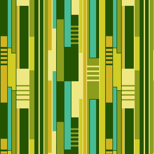 All Lined Up by Judy Gauthier Green/Yellow Irregular Blocks Stripe 5376-64 Digitally Printed Cotton Woven Fabric
