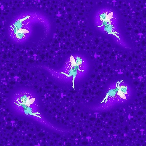 Summer Night Soiree Salt Meadow Studios Flying Fairies Glow Purple 9202G-57 Glow in the Dark Cotton Woven Fabric