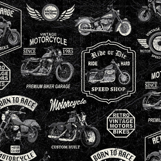 Born to Ride by Whistler Studios Vintage Motorcycles Black 52240-3 Cotton Woven Fabric