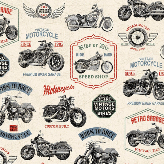 Born to Ride by Whistler Studios Vintage Motorcycles Neutral 52240-1 Cotton Woven Fabric