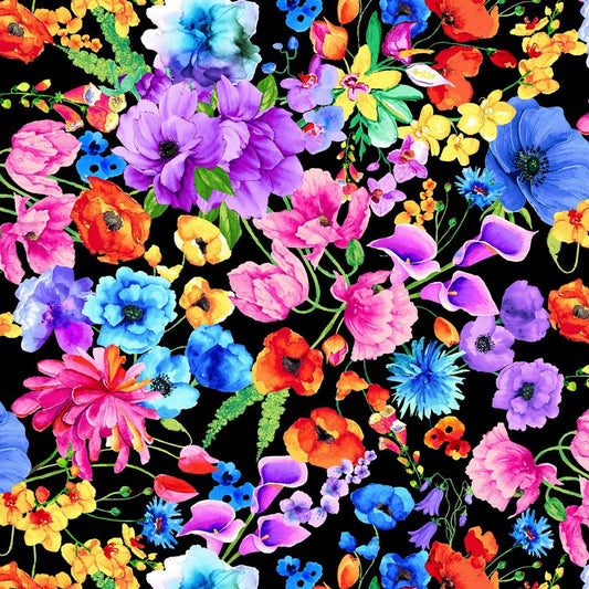 Day Dreaming by Chong A Hwang Rainbow Dream Florals Black CD8203-BLK Cotton Woven Fabric