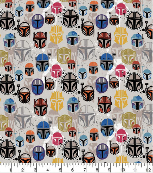 Licensed Star Wars The Mandalorian Colorful Helmets on White 73800210JAS Cotton Woven Fabric