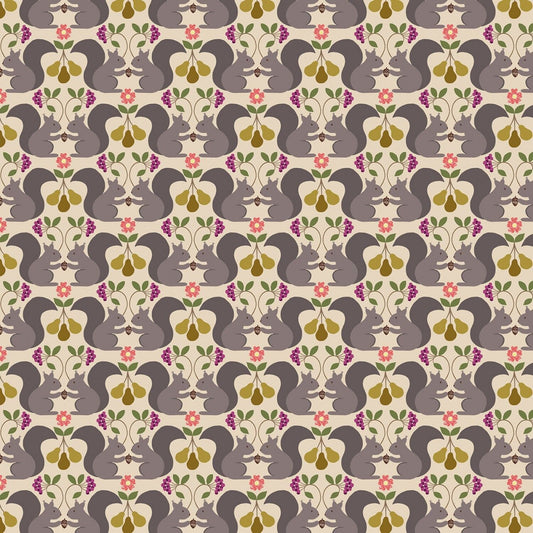 The Orchard Grey Squirrels on Natural A499.1 Cotton Woven Fabric