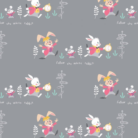 Licensed Alice in Wonderland 2 Follow the White Rabbit Gray 85020204-2 Cotton Woven Fabric