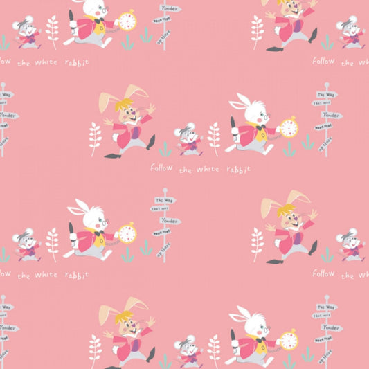 Licensed Alice in Wonderland 2 Follow the White Rabbit Pink 85020204-1 Cotton Woven Fabric