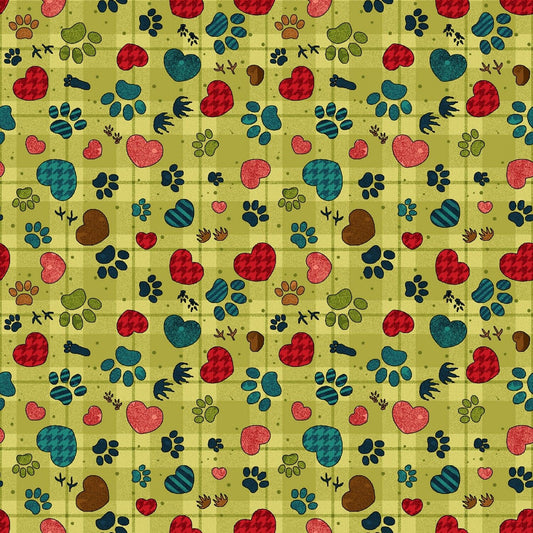Rescued and Loved Pawprint/Heart Green 9396-66  Cotton Woven Fabric