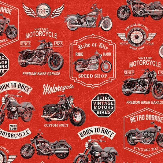 Born to Ride by Whistler Studios Vintage Motorcycles Red 52240-5 Cotton Woven Fabric