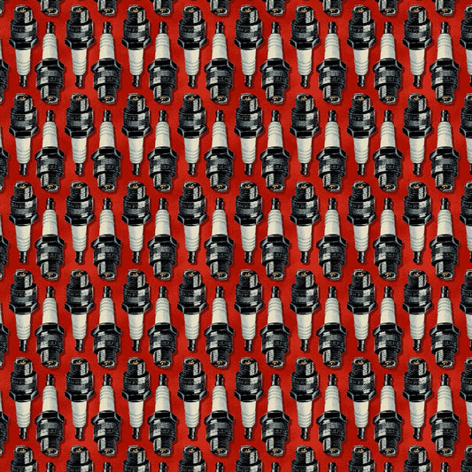 Born to Ride by Whistler Studios Spark Plugs Red 52242-5 Cotton Woven Fabric