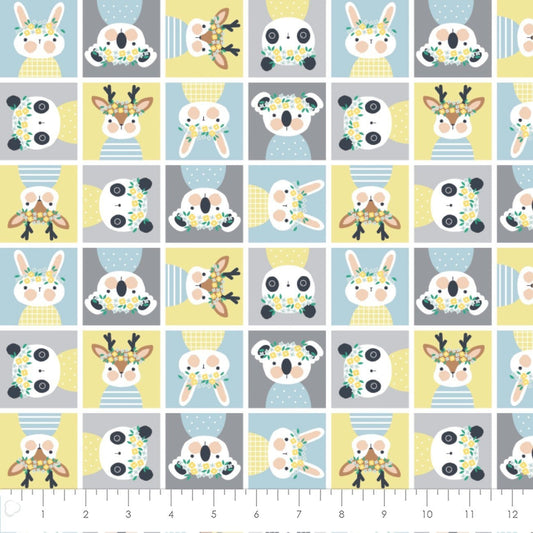 Floral Menagerie Playful Animal Block Printed Flannel by CDS 21192303B-02 Yellow Cotton Flannel Fabric