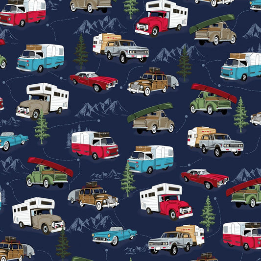 American Road Trip by Whistler Studios Camper Trailers Blue 52335-1 Cotton Woven Fabric