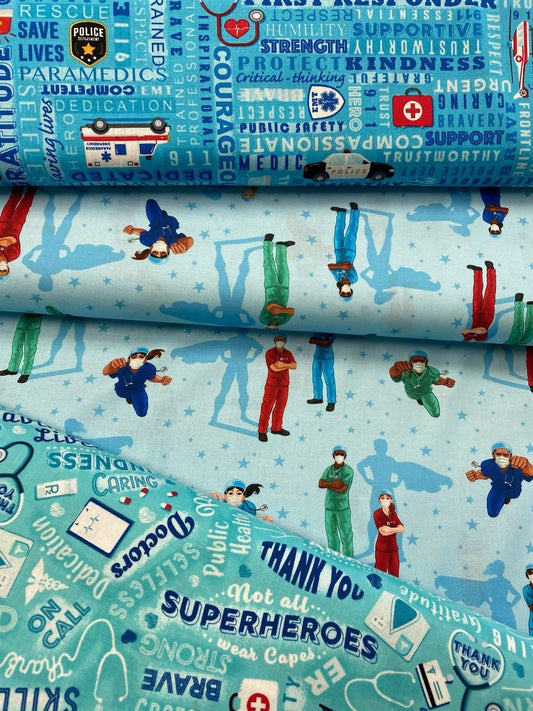 Frontline Heroes Nurses & Doctors Blue SRK-20335-4  Digitally Printed Cotton Woven Fabric