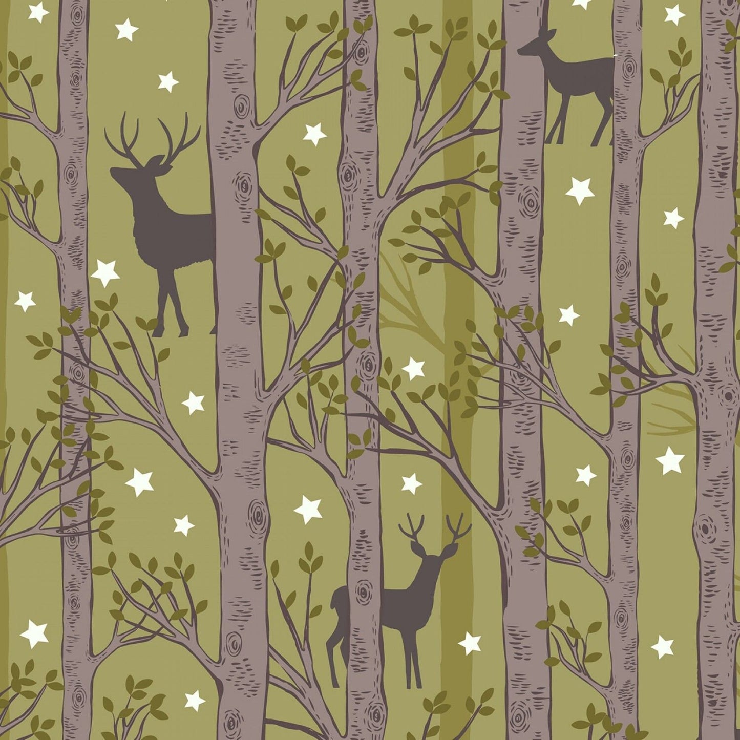 Nighttime in Bluebell Wood Forest Deer on Leaf Green A478-2 Glow in the Dark Cotton Woven Fabric