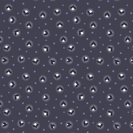 Nighttime in Bluebell Wood Fireflies Midnight Blue A475.2 Glow in the Dark Cotton Woven Fabric