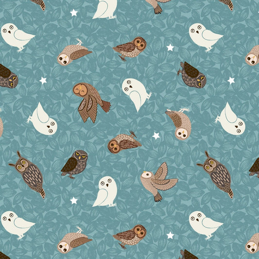 Nighttime in Bluebell Wood Glow Owls on Blue A477-1 Glow in the Dark Cotton Woven Fabric