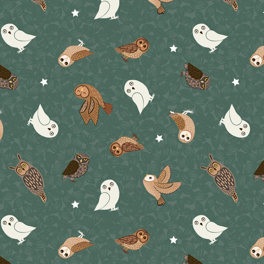 Nighttime in Bluebell Wood Glow Owls on Woodland Green A477-2 Glow in the Dark Cotton Woven Fabric