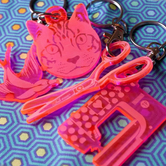Tula Pink Acrylic Keychain Set Includes 1 of each keychains Cat, Swallow, Sewing Machine & Scissors