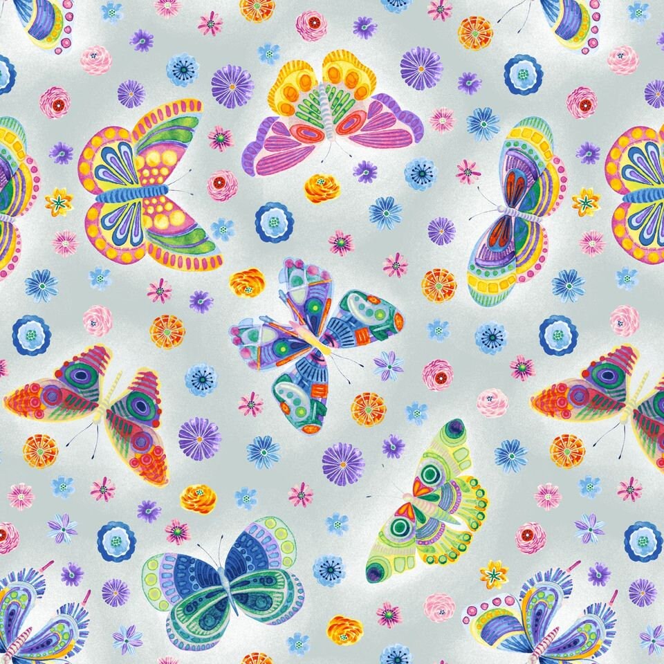 Wonderland by Satin Moon Designs Butterfly Floral Lt Gray 1397-90 Cotton Woven Fabric