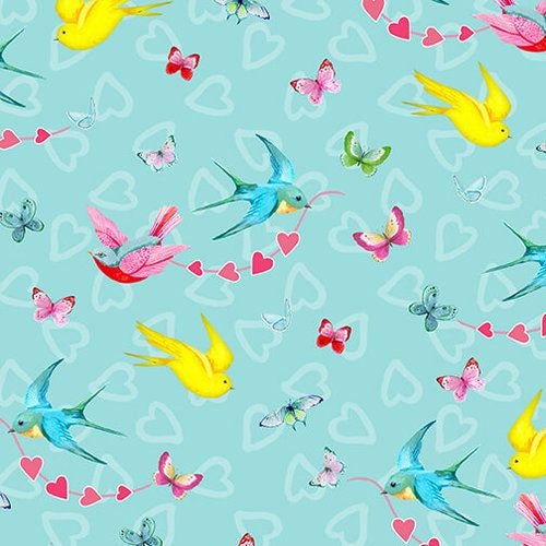 Heart & Soul by Barb Toutillotte Birds and Butterflies Aqua 9438-11 Cotton Woven Fabric