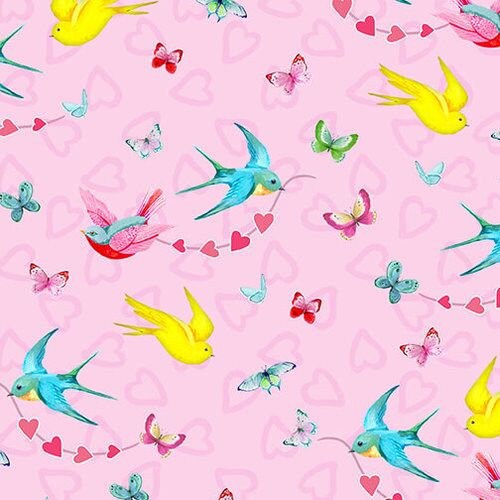 Heart & Soul by Barb Toutillotte Birds and Butterflies Pink 9438-22 Cotton Woven Fabric