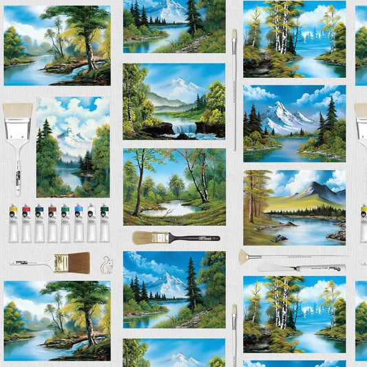 The Joy of Painting by Bob Ross Canvas and Brushes 5424-76 Digitally Printed Cotton Woven Fabric
