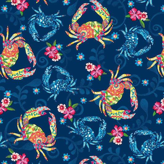 Blooming Ocean by Pam Vale Floral Crustaceans Dark Blue 5409-77 Digitally Printed Cotton Woven Fabric