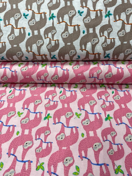Monkey's Bizness Sleepy Sloth Pink 8818b Cotton Woven Fabric