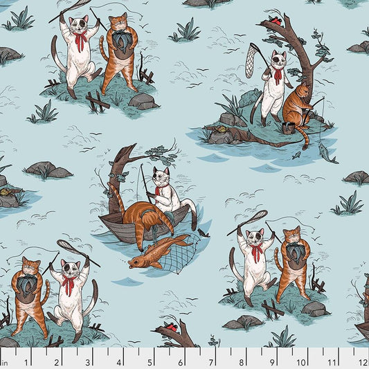 Cat Tales by Rachel Hauer Fishing Trip Aquifer PWRH001.AQUIFER Cotton Woven Fabric