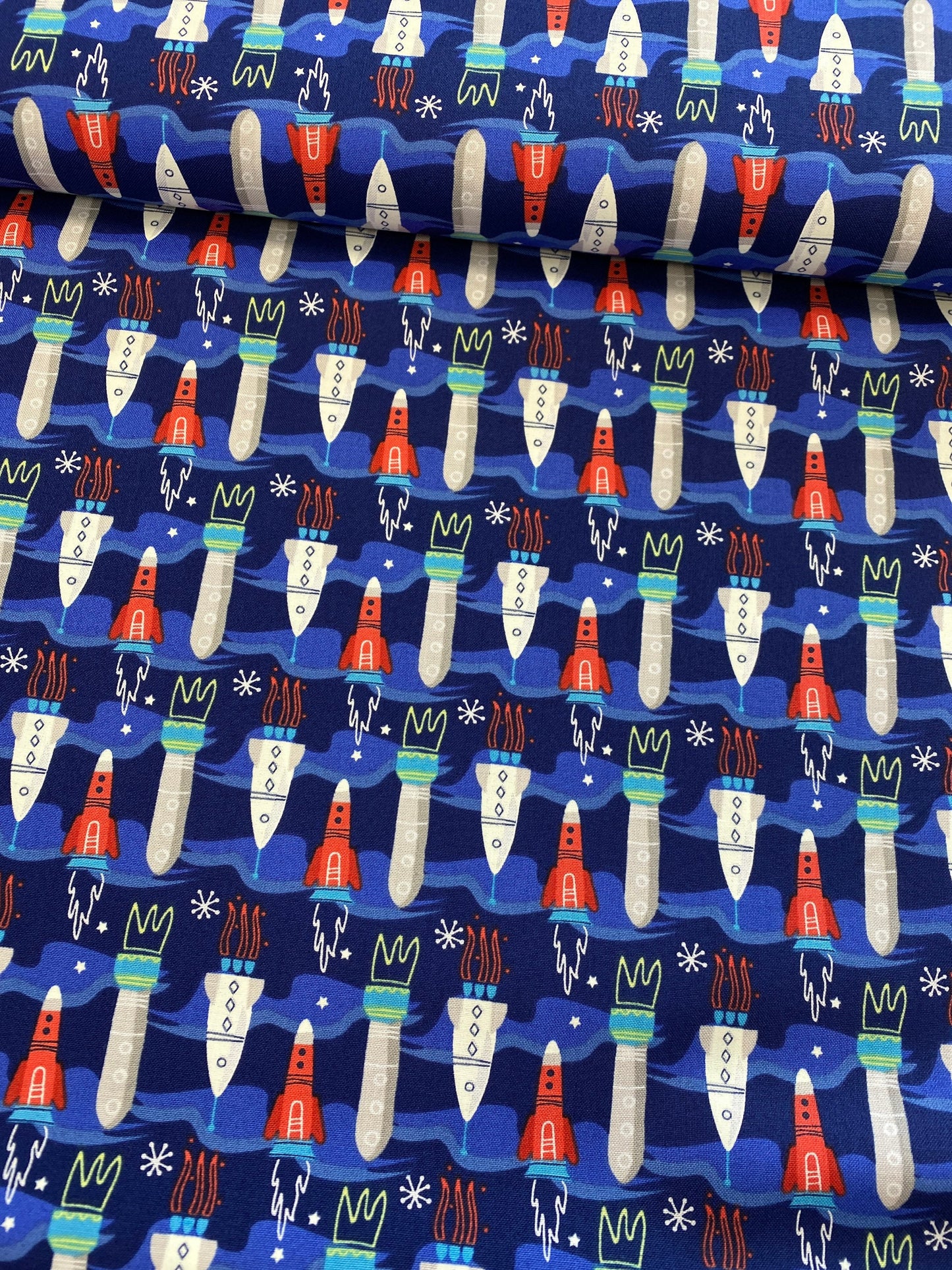 Out of This World Glow Aim For The Moon in Navy Glow in the Dark Cotton Woven Fabric