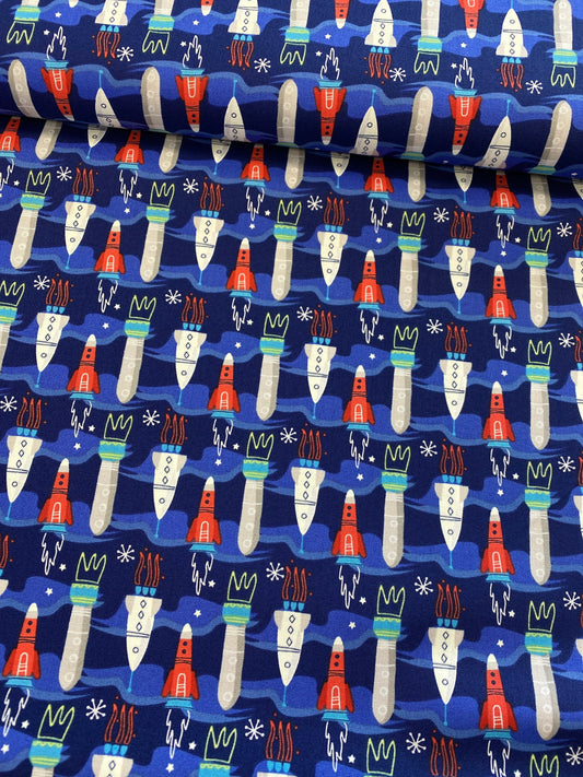 Out of This World Glow Aim For The Moon in Navy Glow in the Dark Cotton Woven Fabric