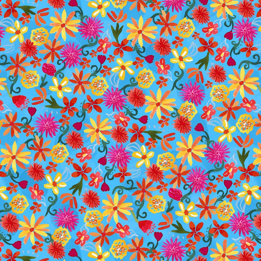 La Vida Loca Flower Fiesta Blue CX9421-BLUE Cotton Woven Fabric