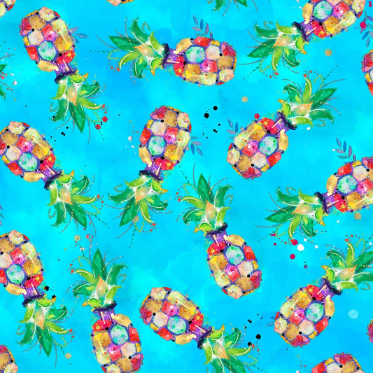 Party Animals by Connie Haley Pineapples Turquoise 17321-TRQ Digitally Printed Cotton Woven Fabric