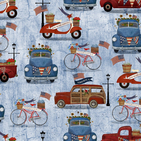 Patriotic Summer by Beth Albert Vehicles Patriotic Blue 17345-BLU Cotton Woven Fabric