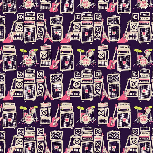 Rebel Girl by Lysa Flower Sound Speakers & Guitars Plum/Pink 120-21852 Cotton Woven Fabric