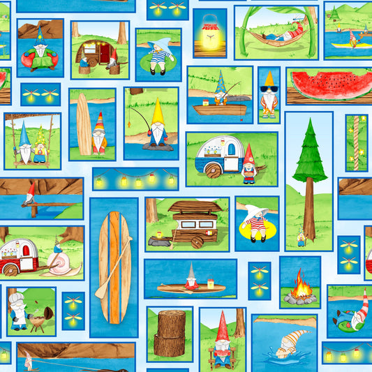 Hangin' With My Gnomies by Hugo Edwins Gnome Patch Lt Blue  1442-70Cotton Woven Fabric