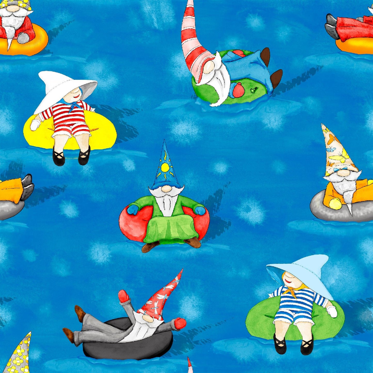 Hangin' With My Gnomies by Hugo Edwins Gnomes in Waterpark Med Blue 1446-75 Cotton Woven Fabric