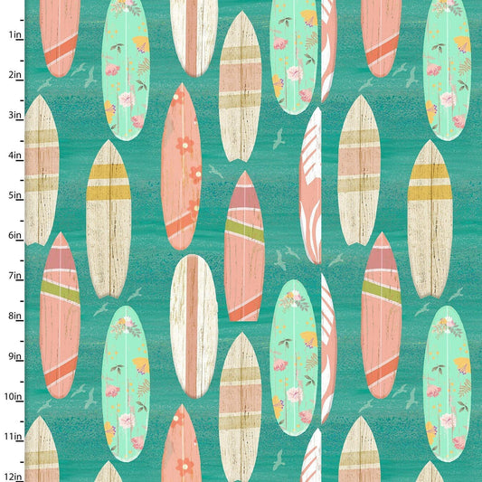 Beach Travel by Beth Albert Surf Boards Beach 17333-TRQ Cotton Woven Fabric