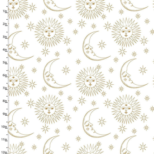Magical Galaxy Sun & Moons White w/Metallic 17164-WHT Cotton Woven Fabric
