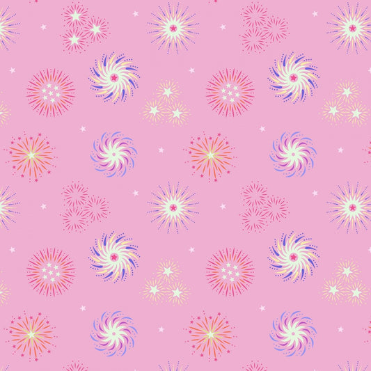 Small Things Glow Fireworks on Pink SM41-1 Glow in the Dark Cotton Woven Fabric