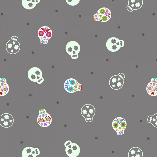Small Things Glow Sugar Skulls on Grey SM40-3 Glow in the Dark Cotton Woven Fabric