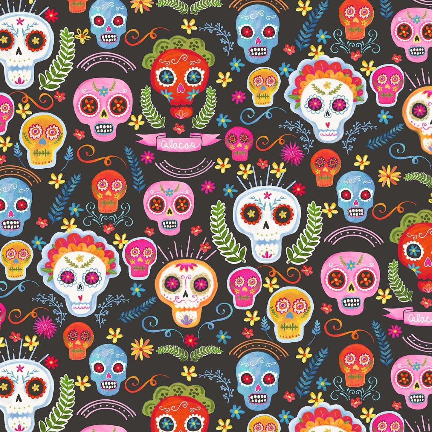 La Vida Loca Sugar Skulls Charcoal CX9423-CHAR Cotton Woven Fabric