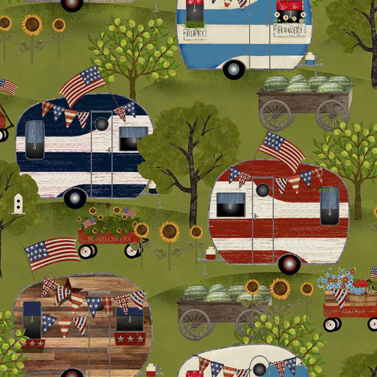 Patriotic Summer by Beth Albert Campers Patriotic Green 17348-GRN Cotton Woven Fabric