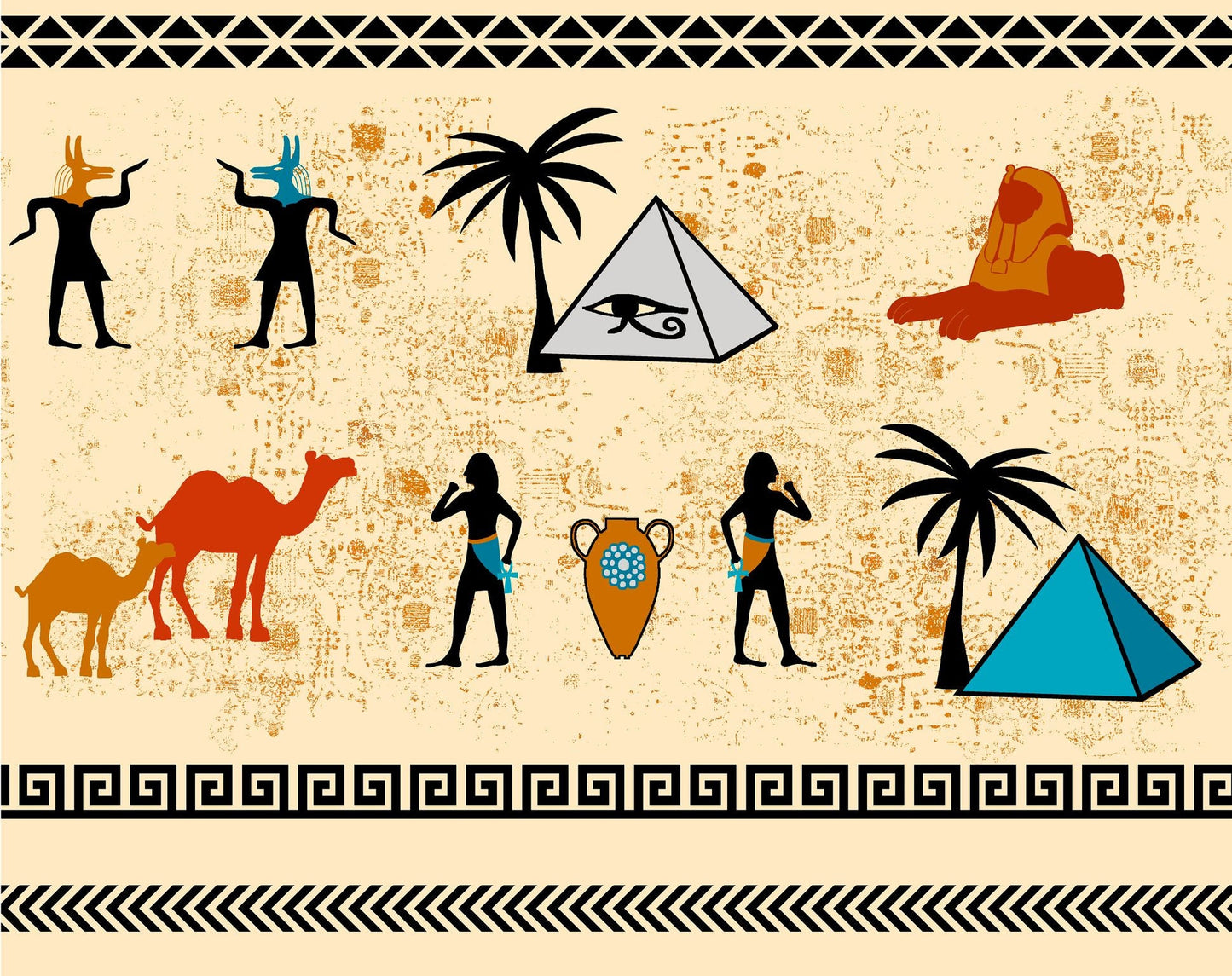 The Eye of Egypt Multi coloured Egyptian Motifs on Cream 4501-399 Digitally Printed Cotton Woven Fabric