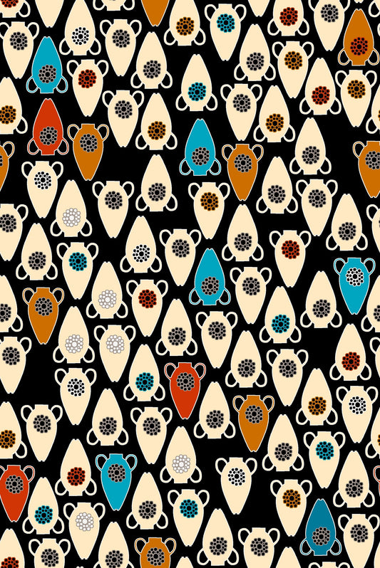 The Eye of Egypt Multi coloured Jars with Dots on Black 4501-406 Digitally Printed Cotton Woven Fabric