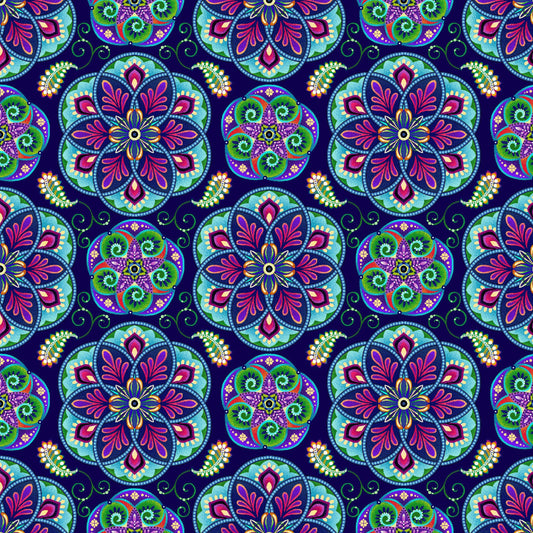 Blooming Paisleys by Art Loft Mini Mandala Indigo 5602-77 Digitally Printed Cotton Woven Fabric