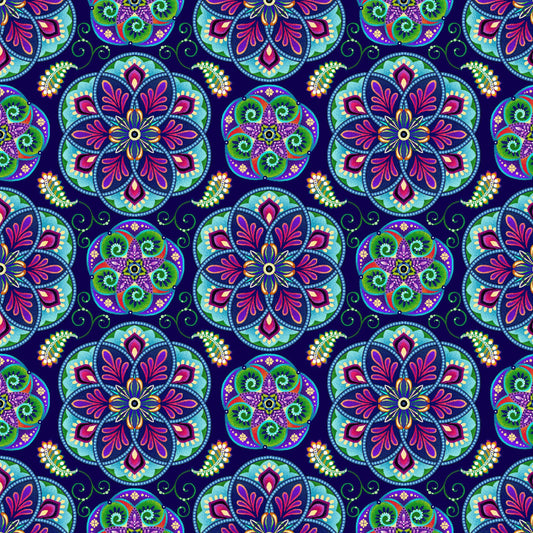 Blooming Paisleys by Art Loft Mini Mandala Indigo 5602-77 Digitally Printed Cotton Woven Fabric