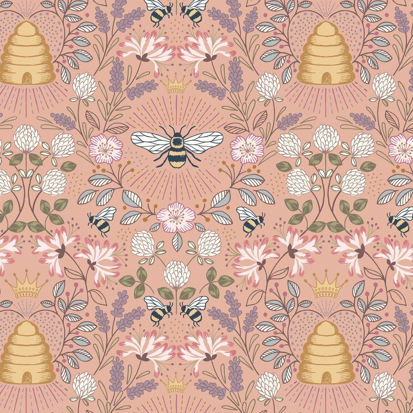 Queen Bee Bee Hive on Peach A500.2 Cotton Woven Fabric