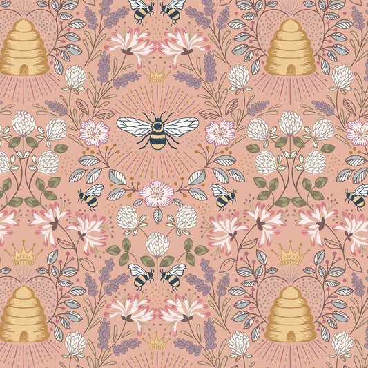 Queen Bee Bee Hive on Peach A500.2 Cotton Woven Fabric